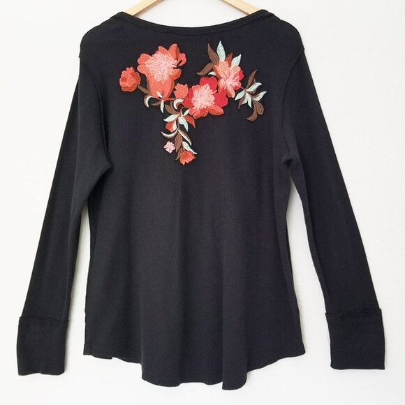 Soft Surroundings Wildflower Floral Embroidered Thermal Top Waffle Knit Black L - Picture 4 of 16